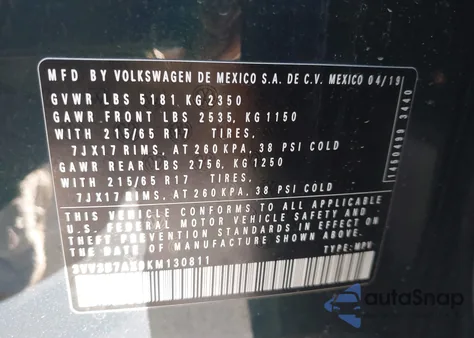 2019 Volkswagen Tiguan 2.0T Se/2.0T Sel/2.0T Sel R-Line/2.0T Sel R-Line Black from USA, damaged, VIN 3VV3B7AX9KM130811